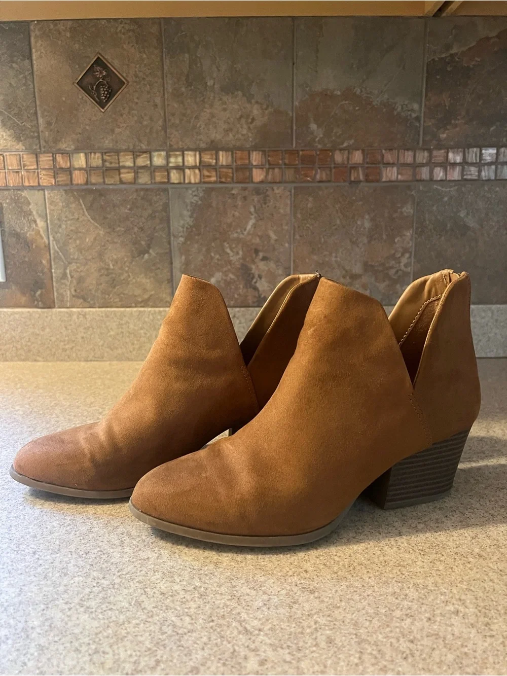 Women’s Tan Suede Ankle Booties with Low Block Heel…Size 7.5
